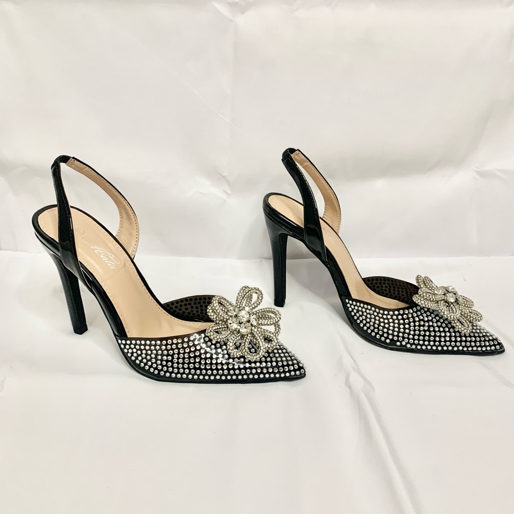 Never worn Party shoe, rhinestones, black faux patent leather, size 6, slingback